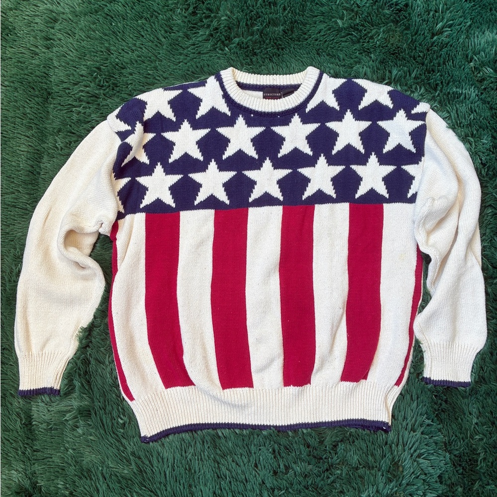 Vintage Structure Mens XL White American Flag Pullover Sweater Crew Neck 90s